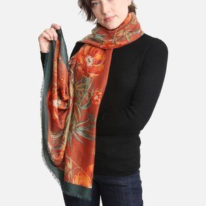 WOMENS ORANGE PUMPKIN MIXED FALL FLORAL PRINT W/SOLID TRIM SCARF - OS